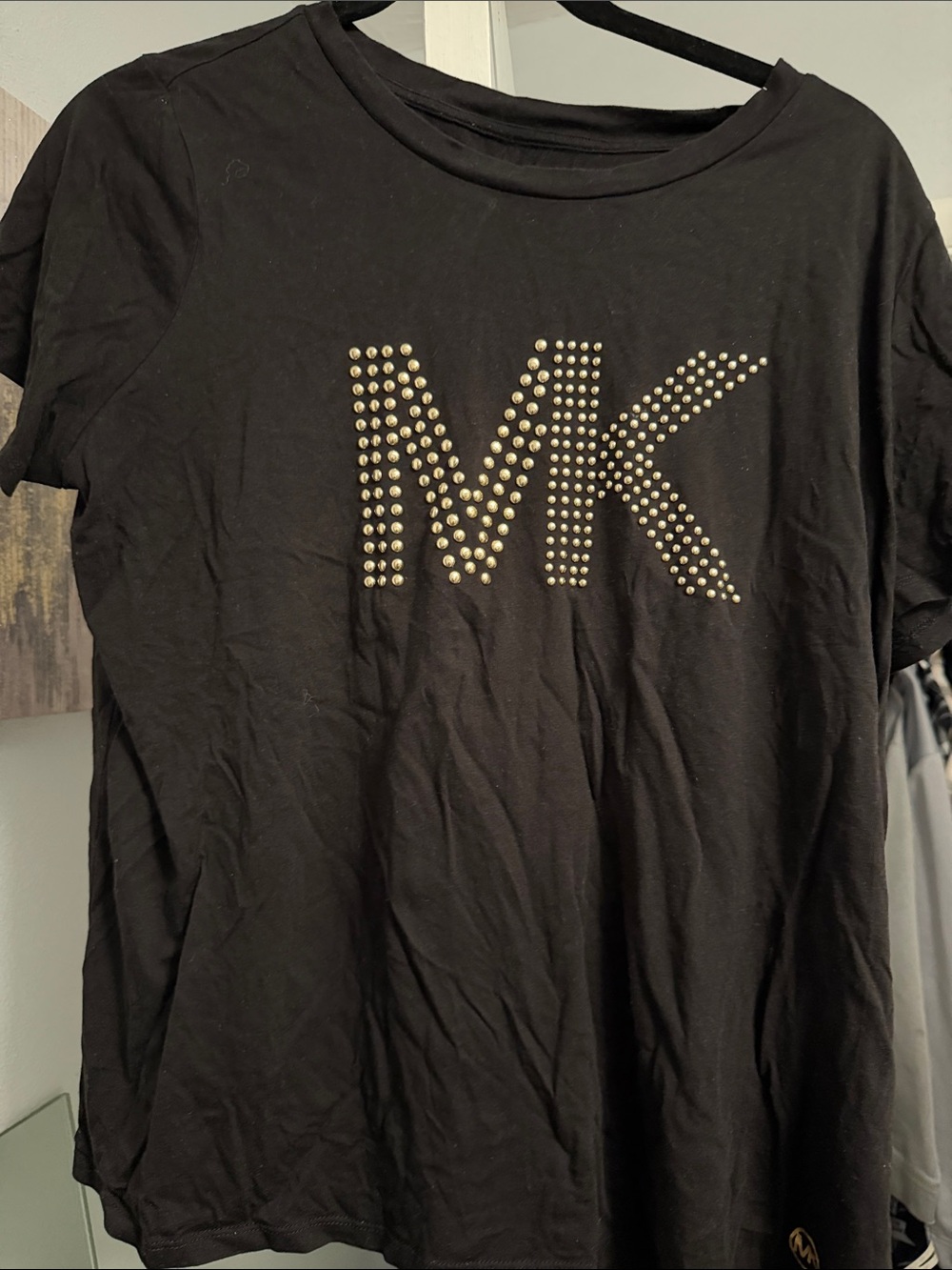 Michael Kors Black Short Sleeve Tee with Gold Stud MK Logo